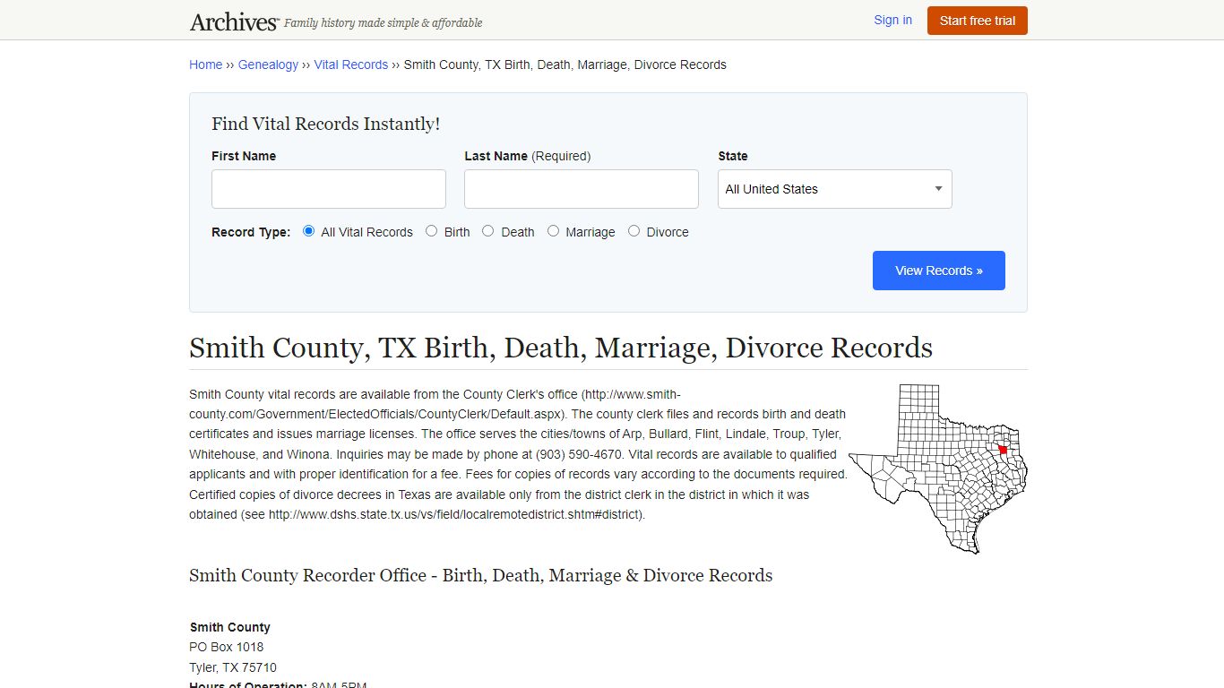 Smith County, TX Birth, Death, Marriage, Divorce Records - Archives.com